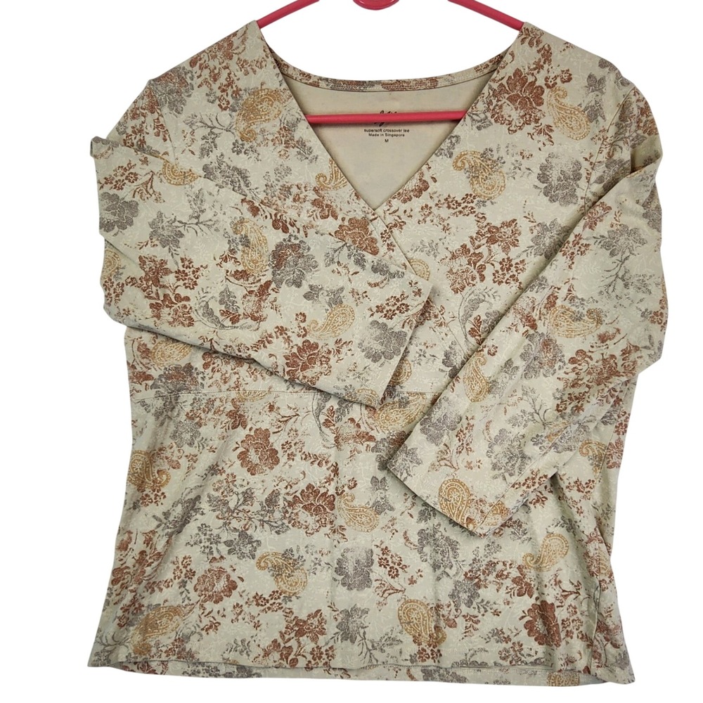J. Jill Tan Floral Paisley Crossover V-Neck Tee Boho Cottagecore Earthy Top M